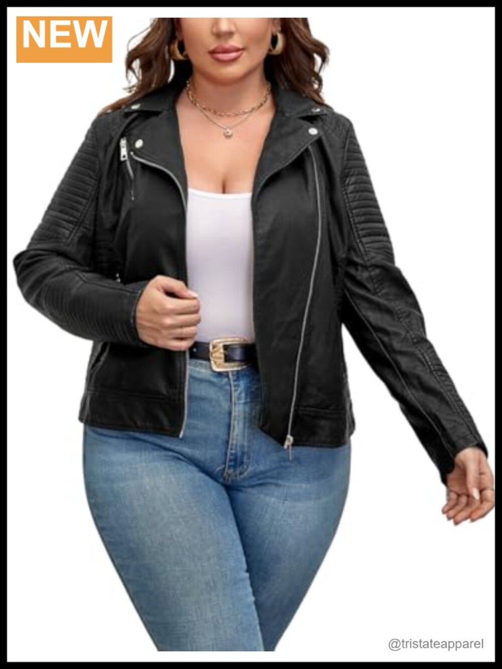 Plus Size Faux Leather Zip Up Moto Jacket Quilted Shoulder